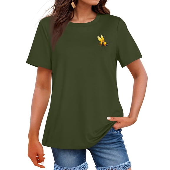 WTOBBY Women's Loose Comfortable Casual Fashion Insect Print Round Neck Short Sleeve Shirt Top, Trendy and Unique for Everyday Wear, Lightweight Blouse with Relaxed Summer Style ,Army Green L