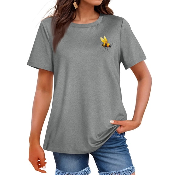 WTOBBY Women's Loose Comfortable Casual Fashion Insect Print Round Neck Short Sleeve Shirt Top, Trendy and Unique for Everyday Wear, Lightweight Blouse with Relaxed Summer Style ,Light Gray M