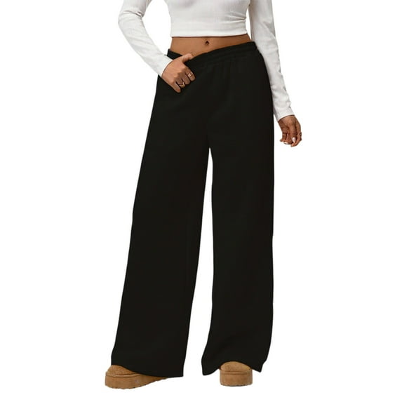 WTOBBY Women's Loose Comfortable Casual Plush Wide Leg Pants, High Waisted Solid Color Fleece-Lined Winter Trousers with Elastic Waistband,Black L