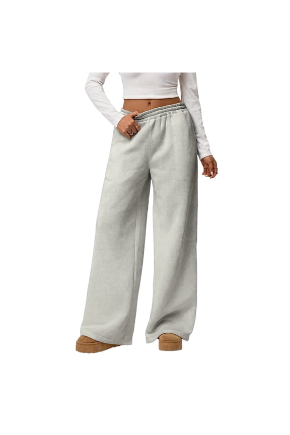 Women's Loose Comfortable Casual Plush Wide Leg Pants, High Waisted Solid Color Fleece-Lined Winter Trousers with Elastic Waistband,Gray L