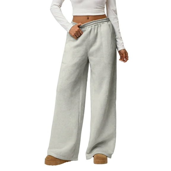 WTOBBY Women's Loose Comfortable Casual Plush Wide Leg Pants, High Waisted Solid Color Fleece-Lined Winter Trousers with Elastic Waistband,Gray M