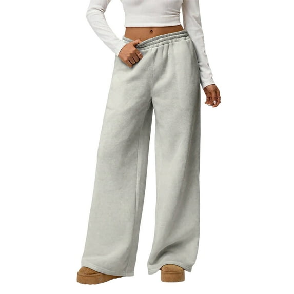 WTOBBY Women's Loose Comfortable Casual Plush Wide Leg Pants, High Waisted Solid Color Fleece-Lined Winter Trousers with Elastic Waistband,Gray XS