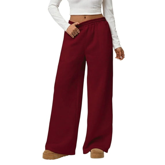 WTOBBY Women's Loose Comfortable Casual Plush Wide Leg Pants, High Waisted Solid Color Fleece-Lined Winter Trousers with Elastic Waistband,Red L