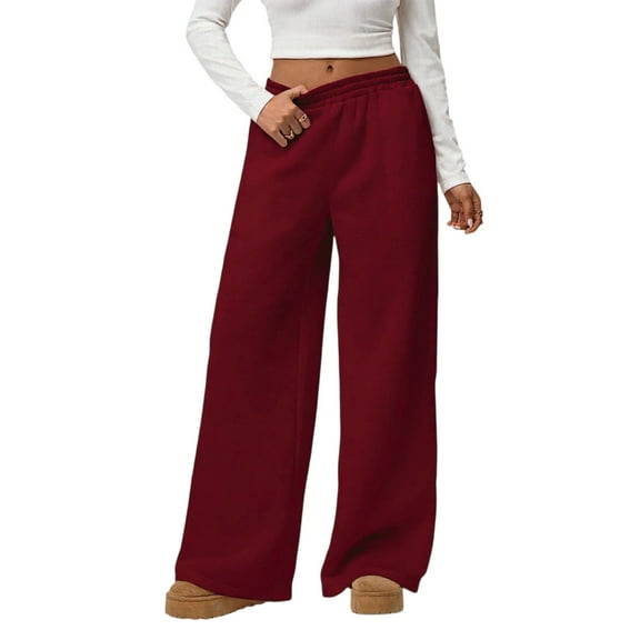 WTOBBY Women's Loose Comfortable Casual Plush Wide Leg Pants, High Waisted Solid Color Fleece-Lined Winter Trousers with Elastic Waistband,Red XS