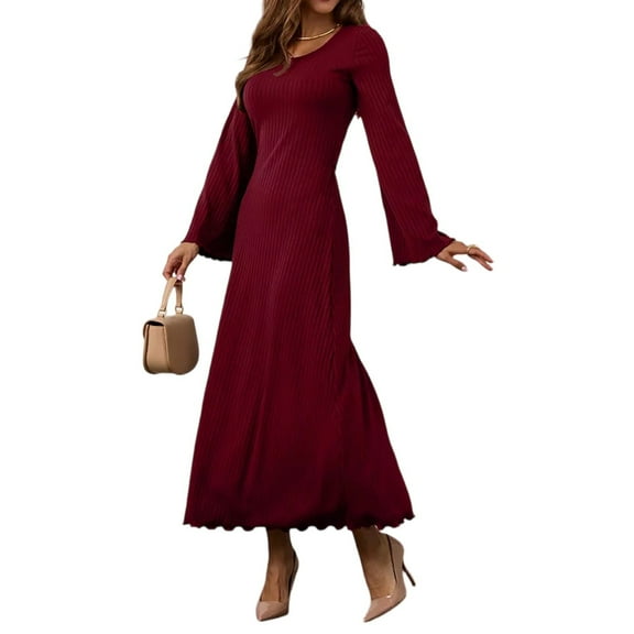 WTOBBY Women's Loose Comfortable Fashionable And Casual U-Neck Rolled Back With Rope Long Sleeved Dress - Relaxed and Stylish Dress with Back Rope Detail,Wine S