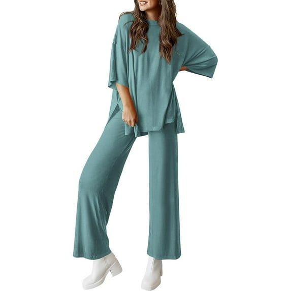 WTOBBY Women's Loose Fashion Solid Color Split Hem Round Neck Short Sleeve Top and Long Pants Two Piece Casual Summer Set for Women,Turquoise 2XL