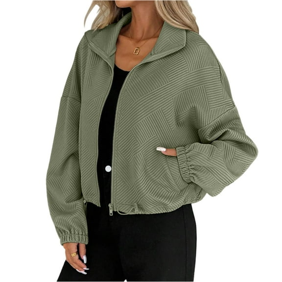WTOBBY Women's Loose Fit Baseball Jacket, Turtleneck Collar with Drawstring Hood, Front Pockets, Casual Street Style Outerwear, Comfortable and Trendy,Army Green L
