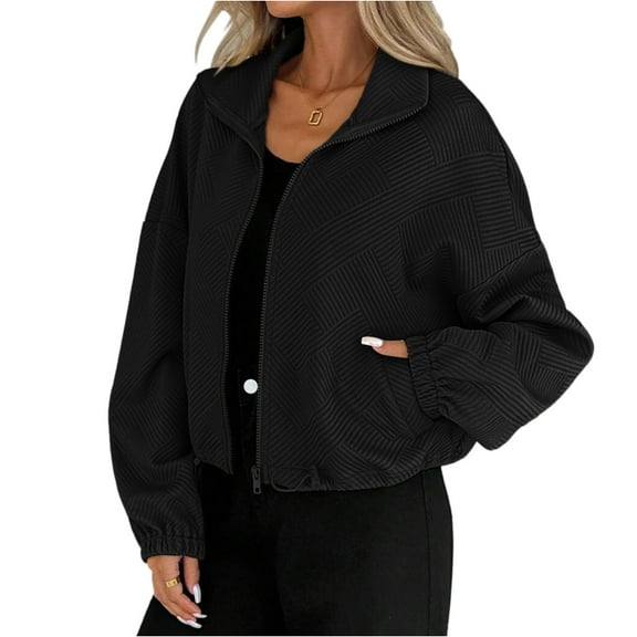 WTOBBY Women's Loose Fit Baseball Jacket, Turtleneck Collar with Drawstring Hood, Front Pockets, Casual Street Style Outerwear, Comfortable and Trendy,Black S