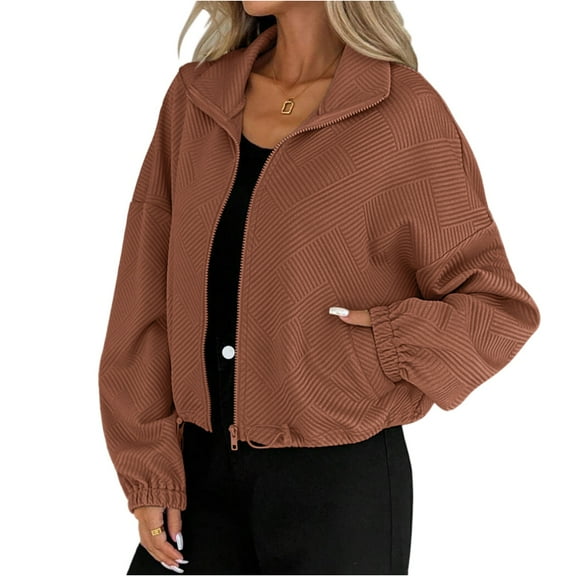 WTOBBY Women's Loose Fit Baseball Jacket, Turtleneck Collar with Drawstring Hood, Front Pockets, Casual Street Style Outerwear, Comfortable and Trendy,Ginger S