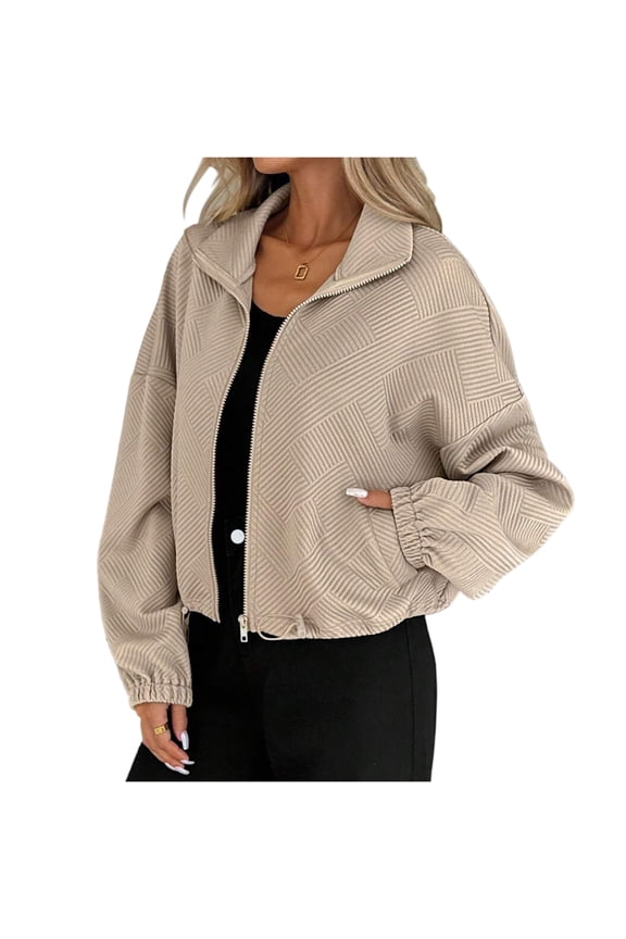 Women's Loose Fit Baseball Jacket, Turtleneck Collar with Drawstring Hood, Front Pockets, Casual Street Style Outerwear, Comfortable and Trendy,Khaki L