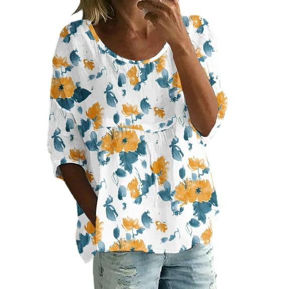 WTOBBY Women's Loose Fit Floral Print Round Neck Top with 3/4 Sleeve, Casual Fashion Blouse for Fall Season, Comfortable Boho Style Apparel and Daily Wear,White XL
