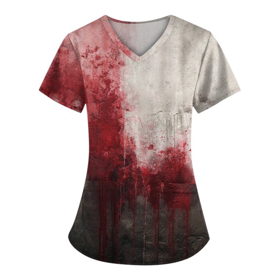 WTOBBY Women's Loose Fit Halloween Printed V-Neck Pocket Short Sleeve Uniform Top for Caregiver and Nurse Workwear, Ideal for Daily Nursing Duties and Comfort Wear,Pink S