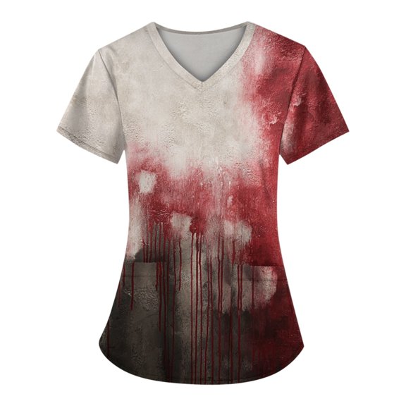 WTOBBY Women's Loose Fit Halloween Printed V-Neck Pocket Short Sleeve Uniform Top for Caregiver and Nurse Workwear, Ideal for Daily Nursing Duties and Comfort Wear,Red M