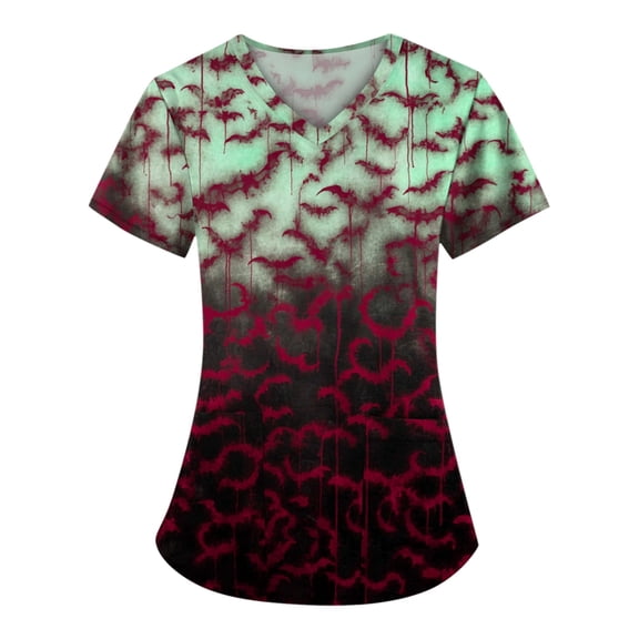 WTOBBY Women's Loose Fit Halloween Printed V-Neck Pocket Short Sleeve Uniform Top for Caregiver and Nurse Workwear, Ideal for Daily Nursing Duties and Comfort Wear,Vermilion L