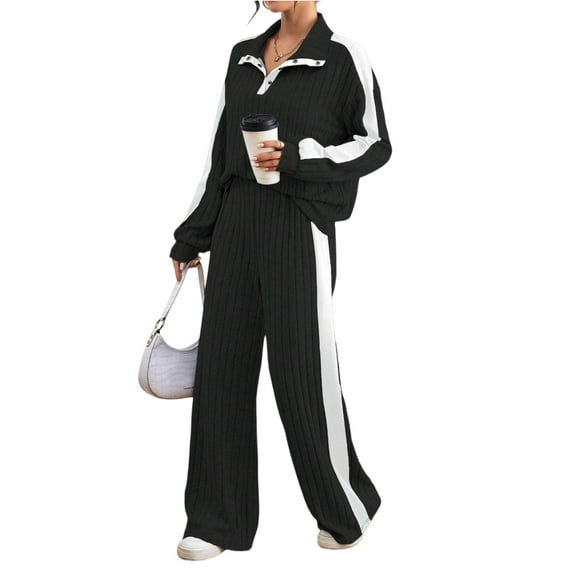 WTOBBY Women's Loose Fit Hooded Zipper Color Block Top with Solid Color Pants Casual Two Piece Set, Comfortable Streetwear Outfit for Everyday Wear,Black L