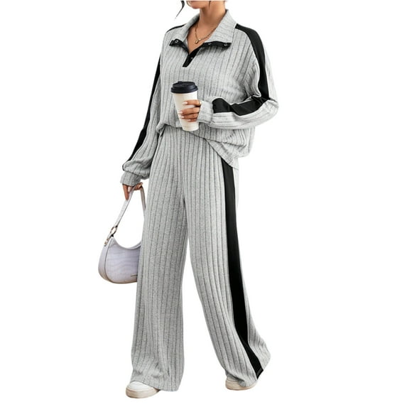 WTOBBY Women's Loose Fit Hooded Zipper Color Block Top with Solid Color Pants Casual Two Piece Set, Comfortable Streetwear Outfit for Everyday Wear,Light Gray XL