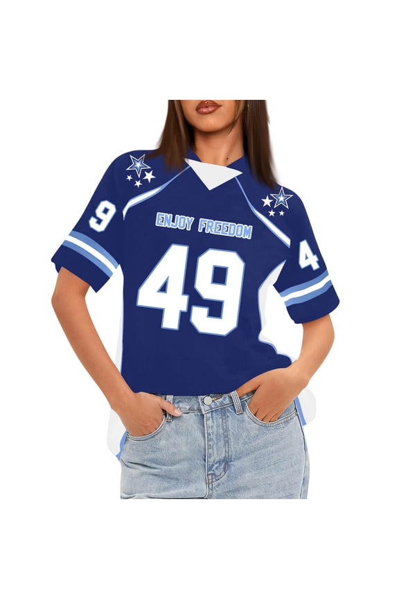 Women's Loose Fit Short Sleeve Mesh Football Jersey Inspired V-Neck Graphic Top Tee, Trendy Sportswear for Casual Wear, Comfortable and Lightweight Summer Apparel ,Blue M