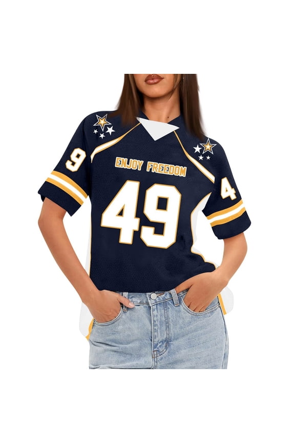 Women's Loose Fit Short Sleeve Mesh Football Jersey Inspired V-Neck Graphic Top Tee, Trendy Sportswear for Casual Wear, Comfortable and Lightweight Summer Apparel ,Yellow M