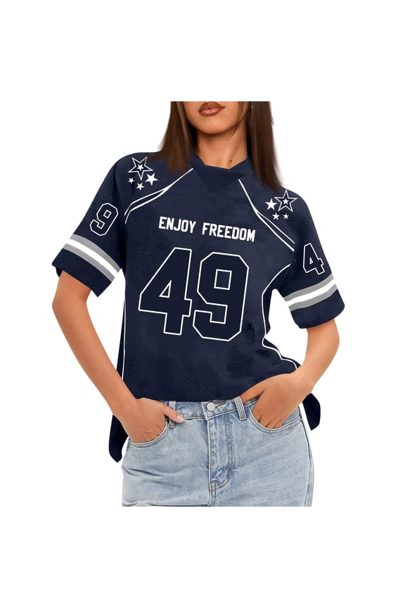 Women's Loose Fit Short Sleeve Mesh Football Jersey Inspired V-Neck Graphic Top Tee, Trendy Sportswear for Casual Wear, Comfortable and Lightweight Summer Apparel ,Navy 2XL