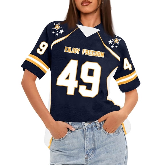 WTOBBY Women's Loose Fit Short Sleeve Mesh Football Jersey Inspired V-Neck Graphic Top Tee, Trendy Sportswear for Casual Wear, Comfortable and Lightweight Summer Apparel ,Yellow XL