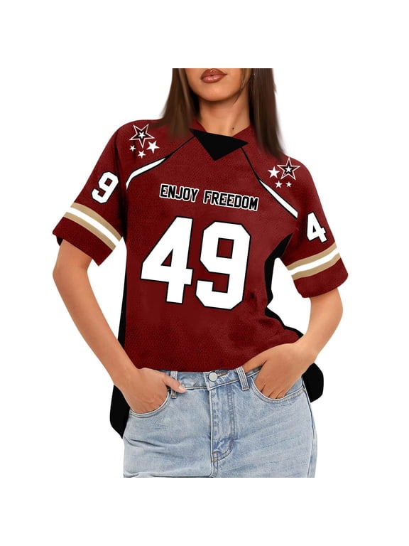 Women's Loose Fit Short Sleeve Mesh Football Jersey V-Neck Graphic Top Tee, Casual Sporty Apparel for Daily Wear, Comfortable and Lightweight with Trendy Patterns ,Wine L