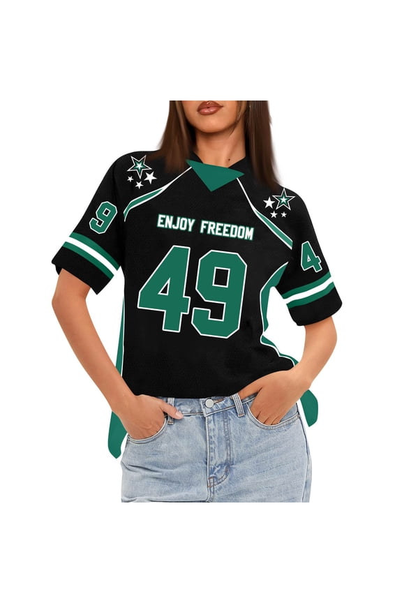 Women's Loose Fit Short Sleeve Mesh Football Jersey V-Neck Graphic Top Tee, Casual Sporty Apparel for Daily Wear, Comfortable and Lightweight with Trendy Patterns ,Green M