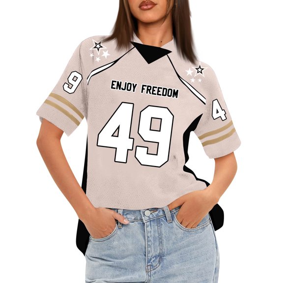 WTOBBY Women's Loose Fit Short Sleeve Mesh Football Jersey V-Neck Graphic Top Tee, Casual Sporty Apparel for Daily Wear, Comfortable and Lightweight with Trendy Patterns ,Khaki L