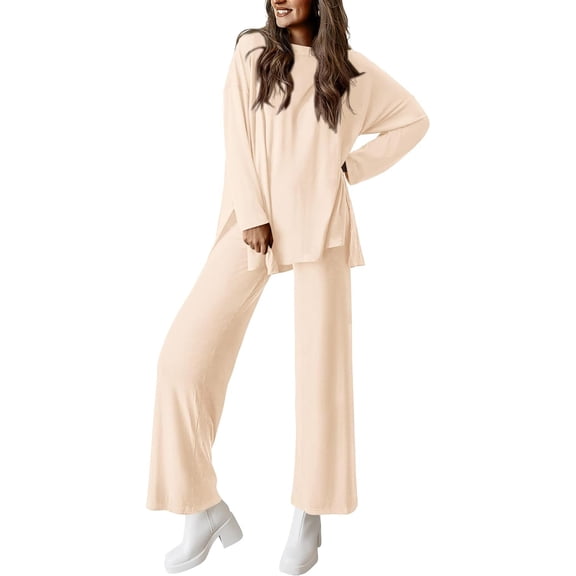 WTOBBY Women's Loose Fit Solid Color Split Hem Round Neck Long Sleeve Top and Long Pants Two Piece Casual Lounge Set for Everyday,Beige L