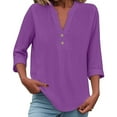 thumbnail image 1 of WTOBBY Women's Loose Fit V-Neck Button Down 3/4 Sleeve Tops, Cute Solid Summer Beach Tee Shirts, Casual Linen Blouse for Comfortable Wear,Dark Purple L, 1 of 5