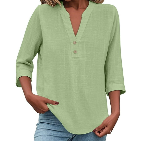 WTOBBY Women's Loose Fit V-Neck Button Down 3/4 Sleeve Tops, Cute Solid Summer Beach Tee Shirts, Casual Linen Blouse for Comfortable Wear,Light Green S
