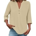 thumbnail image 1 of WTOBBY Women's Loose Fit V-Neck Button Down 3/4 Sleeve Tops, Cute Solid Summer Beach Tee Shirts, Casual Linen Blouse for Comfortable Wear,Beige L, 1 of 5