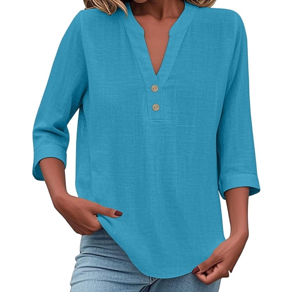 WTOBBY Women's Loose Fit V-Neck Button Down 3/4 Sleeve Tops, Cute Solid Summer Beach Tee Shirts, Casual Linen Blouse for Comfortable Wear,Blue M