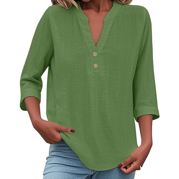 WTOBBY Women's Loose Fit V-Neck Button Down 3/4 Sleeve Tops, Cute Solid Summer Beach Tee Shirts, Casual Linen Blouse for Comfortable Wear,Green 2XL