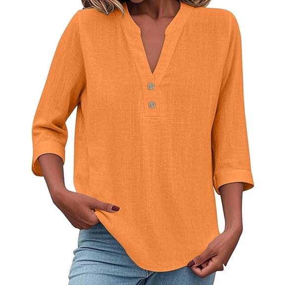 WTOBBY Women's Loose Fit V-Neck Button Down 3/4 Sleeve Tops, Cute Solid Summer Beach Tee Shirts, Casual Linen Blouse for Comfortable Wear,Orange S