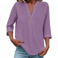 thumbnail image 1 of WTOBBY Women's Loose Fit V-Neck Button Down 3/4 Sleeve Tops, Cute Solid Summer Beach Tee Shirts, Casual Linen Blouse for Comfortable Wear,Purple 2XL, 1 of 5