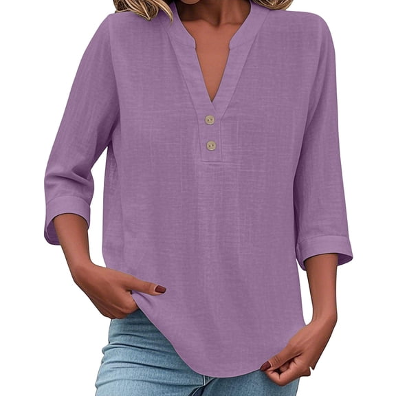 WTOBBY Women's Loose Fit V-Neck Button Down 3/4 Sleeve Tops, Cute Solid Summer Beach Tee Shirts, Casual Linen Blouse for Comfortable Wear,Purple S