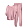 thumbnail image 1 of WTOBBY Women's Loose Fit V-Neck Short Sleeve T-Shirt and Casual Pants Pajama Set, Solid Color Two Piece Summer Loungewear for Home,Pink L, 1 of 4