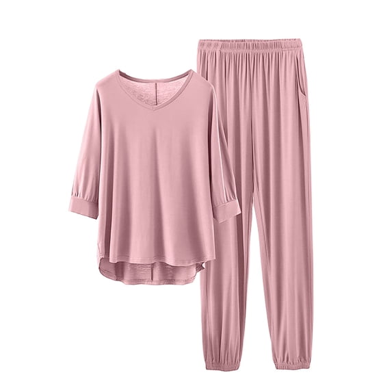 WTOBBY Women's Loose Fit V-Neck Short Sleeve T-Shirt and Casual Pants Pajama Set, Solid Color Two Piece Summer Loungewear for Home,Pink L