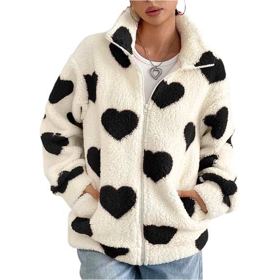 WTOBBY Women's Loose Winter Cardigan with Long Sleeve, Zipper Front, Solid Color, and Heart Print Plush Jacket,Black L