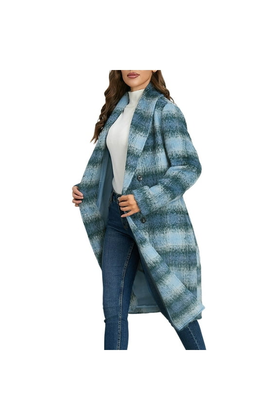 Women's Medium Long Plaid Woolen Double Breasted V-neck Jacket, Classic Tweed Coat for Fall, with Front Pockets and Elegant Office and Daily Style,Blue L