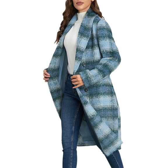 WTOBBY Women's Medium Long Plaid Woolen Double Breasted V-neck Jacket, Classic Tweed Coat for Fall, with Front Pockets and Elegant Office and Daily Style,Blue M