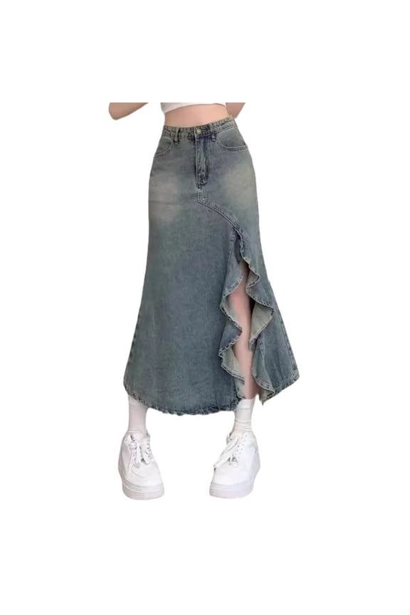 Women's Mermaid Denim Skirt High Waist Fishtail Hem Irregular Wave Slit Design Stretchy Solid Color Mid Calf Length,Light Blue M