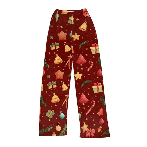 WTOBBY Women's Merry Christmas Print Pajama Bottoms, Soft Fleece-Lined Sleep Pants with Festive Snowflake and Tree Designs, Casual Home Wear for Winter,Gold XS