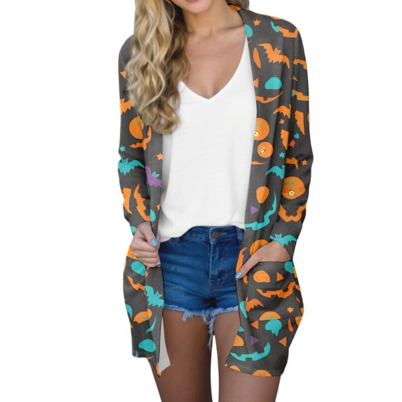 WTOBBY Women's Mid-Length Halloween Print Cardigan Jacket Casual Comfortable Open Front Long Sleeve Cover Up With Pockets Fall Fashion Outerwear,Army Green L