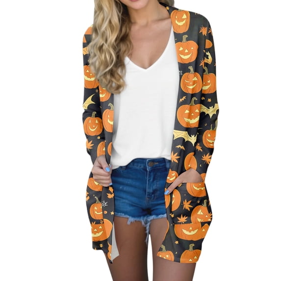 WTOBBY Women's Mid-Length Halloween Print Cardigan Jacket Casual Comfortable Open Front Long Sleeve Cover Up With Pockets Fall Fashion Outerwear,Ginger 2XL