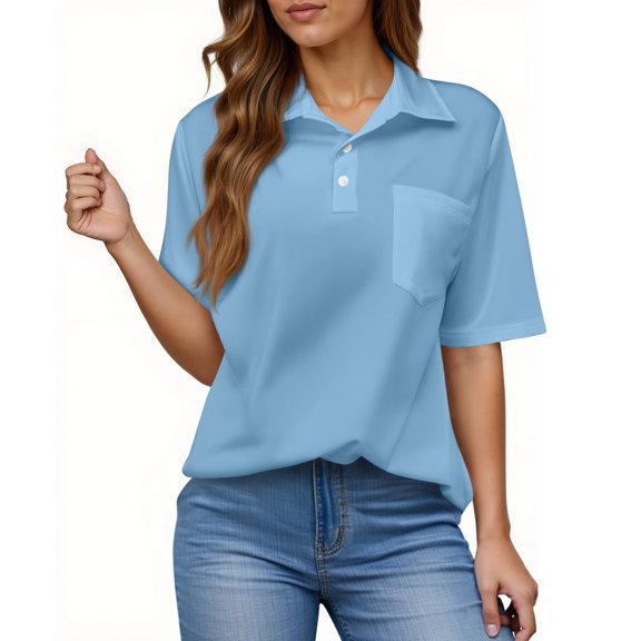 WTOBBY Women's Modern Button-Down Shirt with Chest Pocket, Casual Short Sleeve Solid Color Blouse for Business Casual Attire,Sky Blue 2XL
