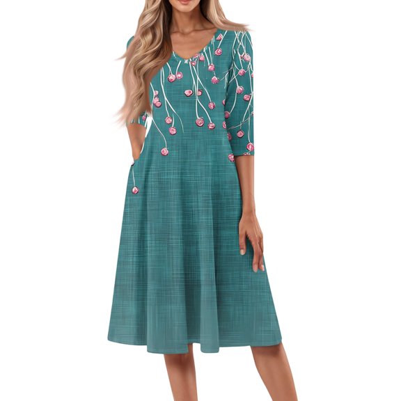 WTOBBY Women's Modern Floral Print V-Neck 3/4 Sleeve Midi Dress, Contemporary Digital Design Sundress with Fashion Forward Style,Cyan S