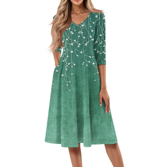 WTOBBY Women's Modern Floral Print V-Neck 3/4 Sleeve Midi Dress, Contemporary Digital Design Sundress with Fashion Forward Style,Green S
