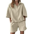 thumbnail image 1 of WTOBBY Women's Modern Turtleneck Zipper Top & Relaxed Shorts 2-Piece Set, Solid Color Casual Outfit with Streetwear Vibes,Beige L, 1 of 5