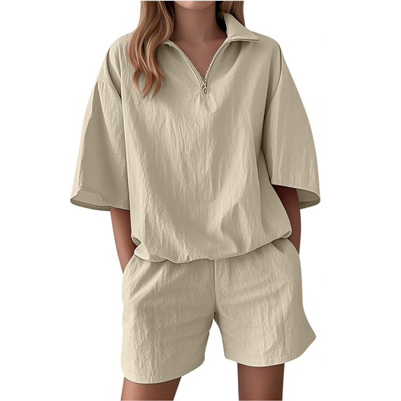 WTOBBY Women's Modern Turtleneck Zipper Top & Relaxed Shorts 2-Piece Set, Solid Color Casual Outfit with Streetwear Vibes,Beige L